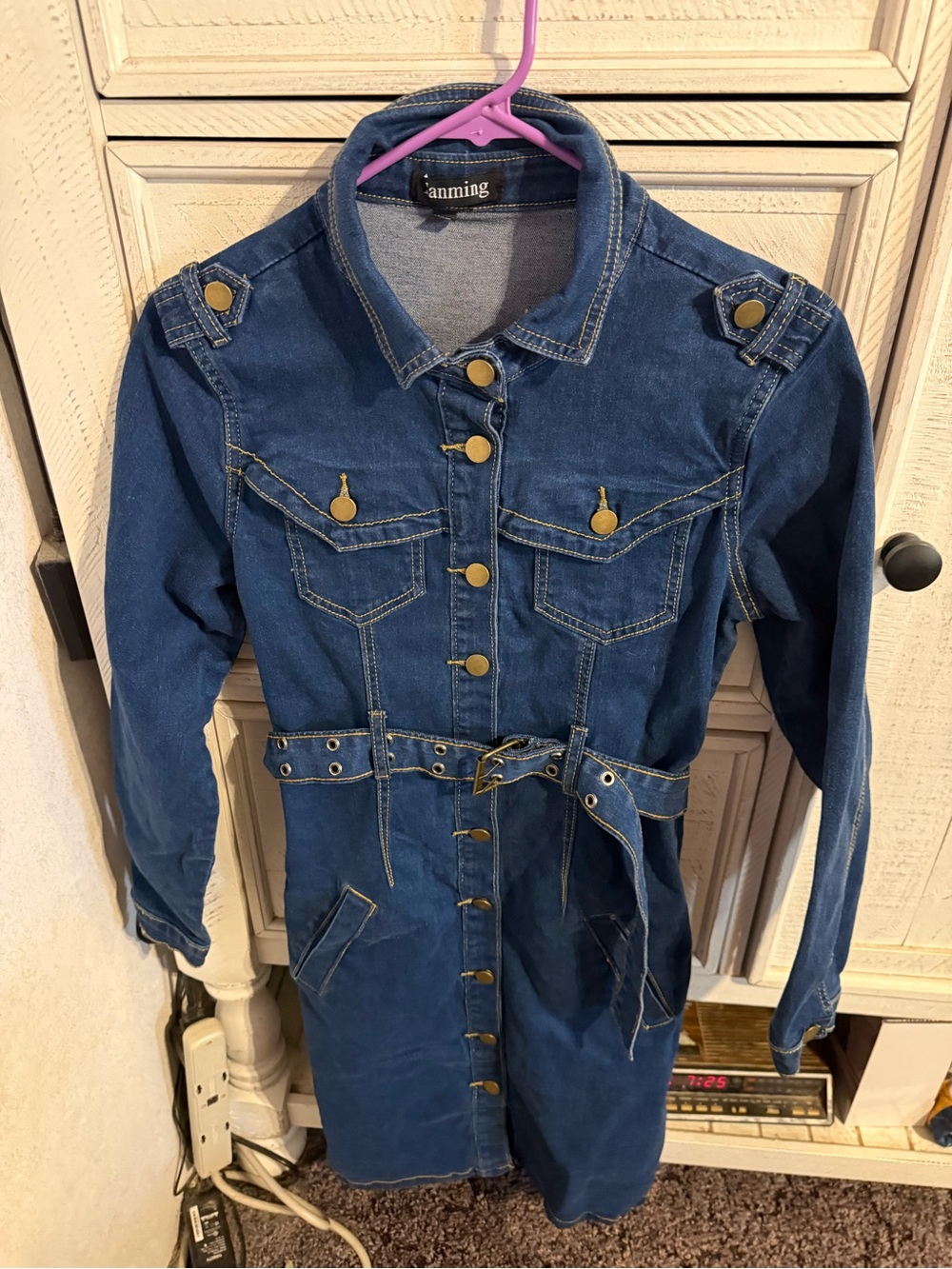 Anming Blue Denim Long Sleeve Belted Dress